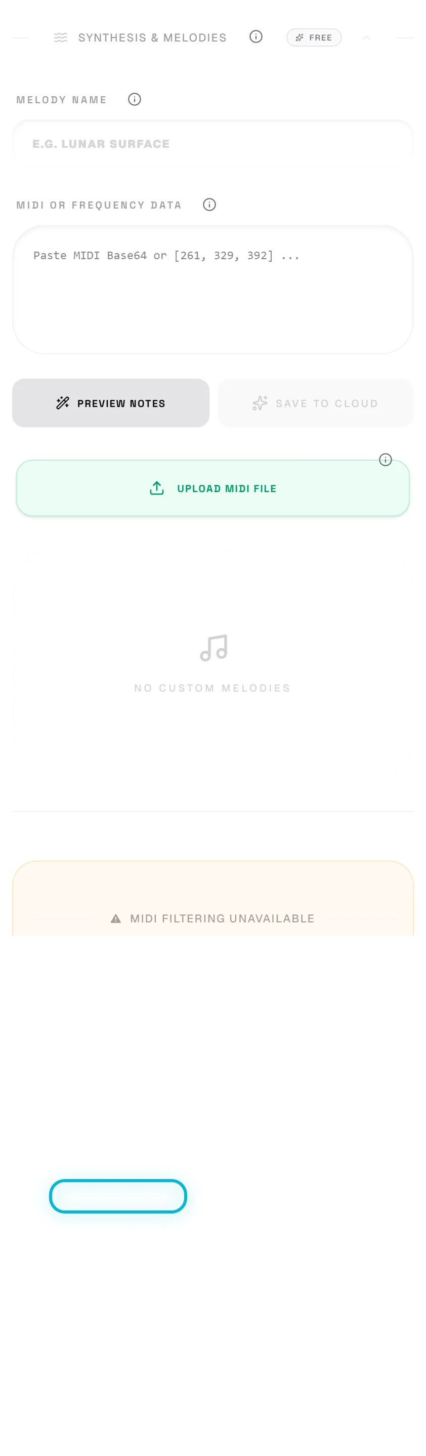 The Audio tab in the Studio with volume, melody, and sound controls