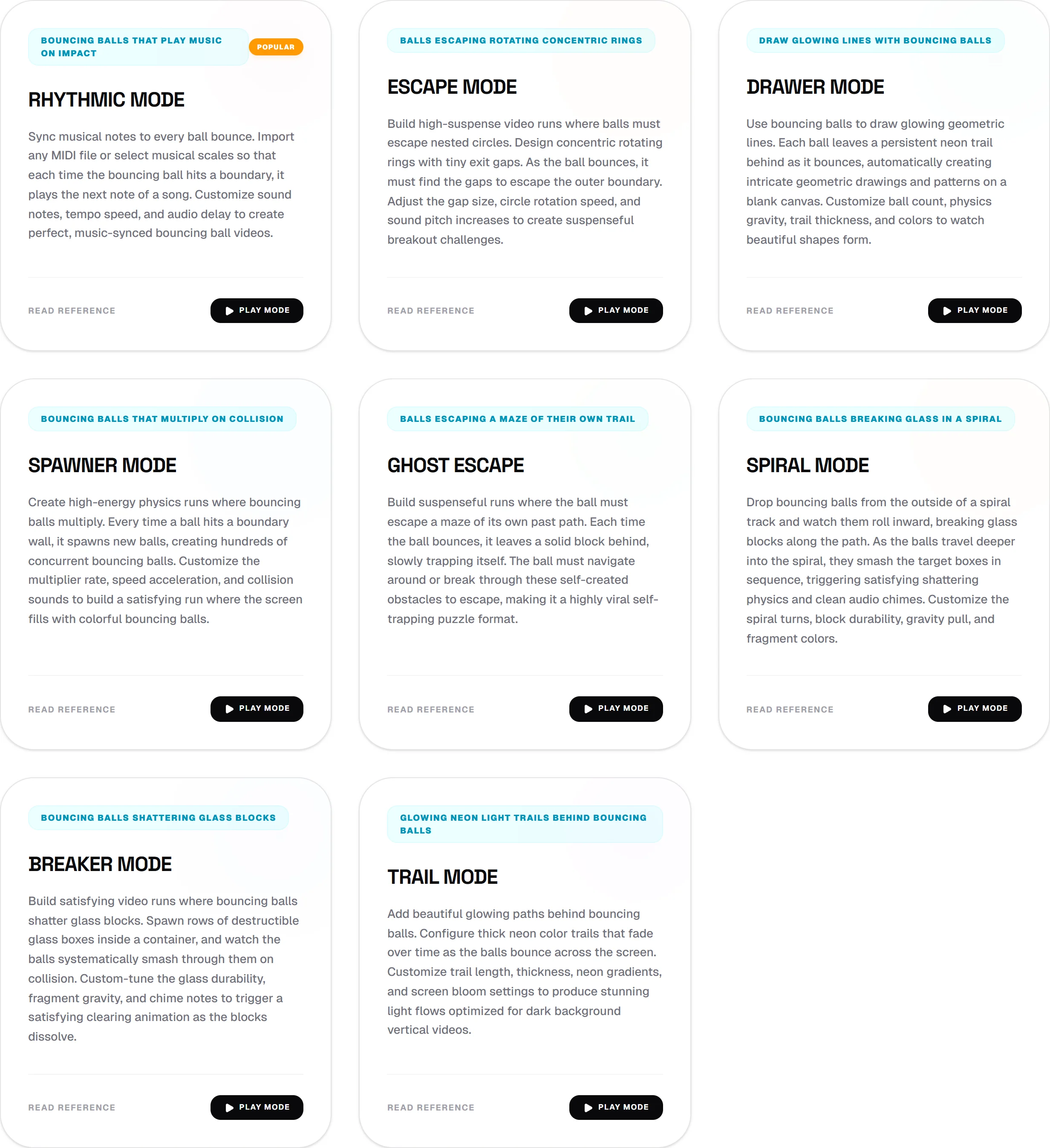 The Modes page showing every Fun Circle Games simulation mode as a card